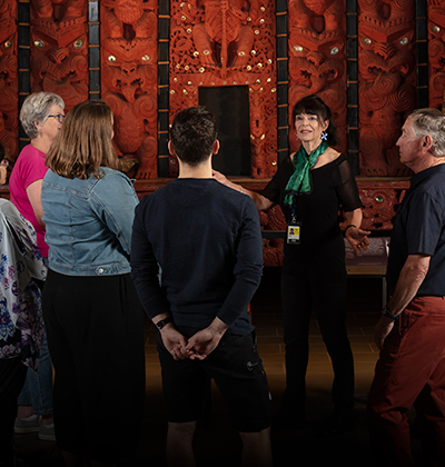 Tour guide giving a tour to a group of people in the Museum's Māori Court gallery 
